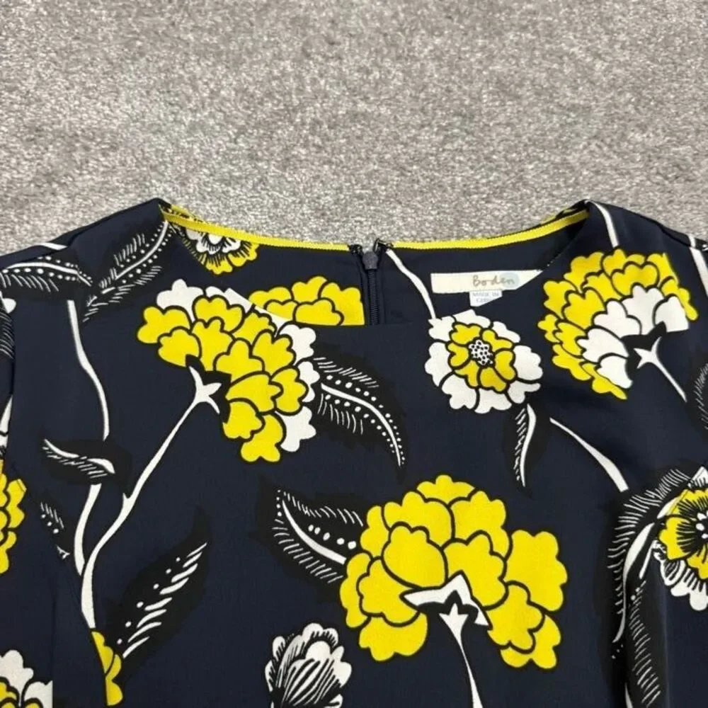 Boden Midi Sheath Dress Womens US10R UK14R Navy Blue Yellow Floral 3/4 Sleeve